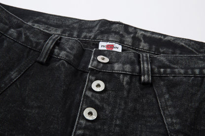 Washed Crinkle Button Fly Wide Leg Denim Jeans WN26144