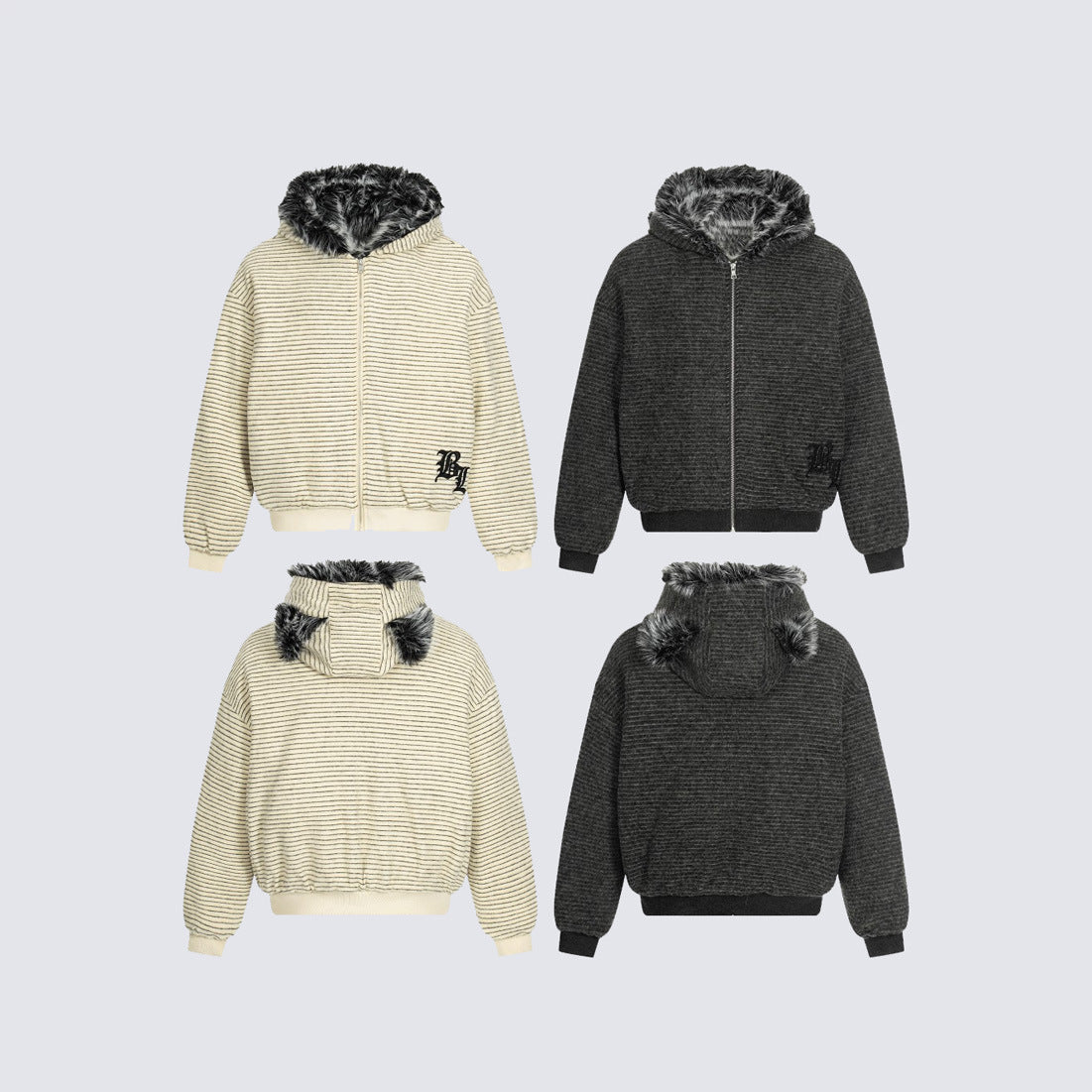 Fake Fur Collar Stripe Zipper Jacket WN28119