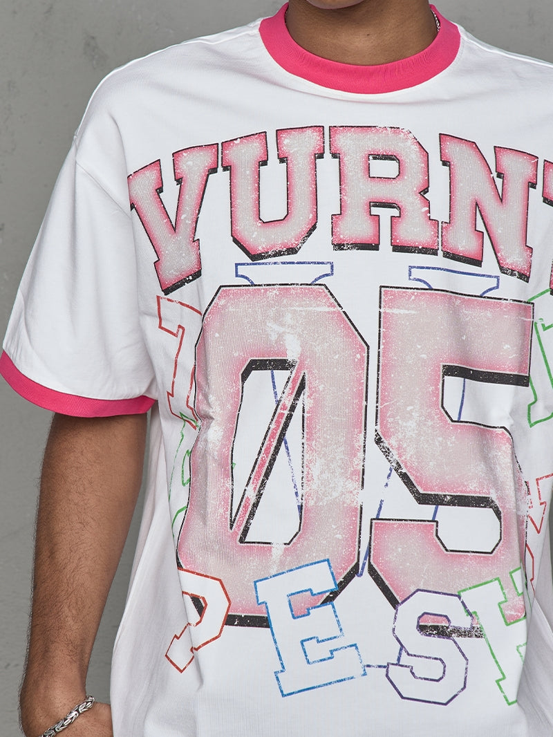 Contrast Collar Art Print Short Sleeve T-Shirt WN20997