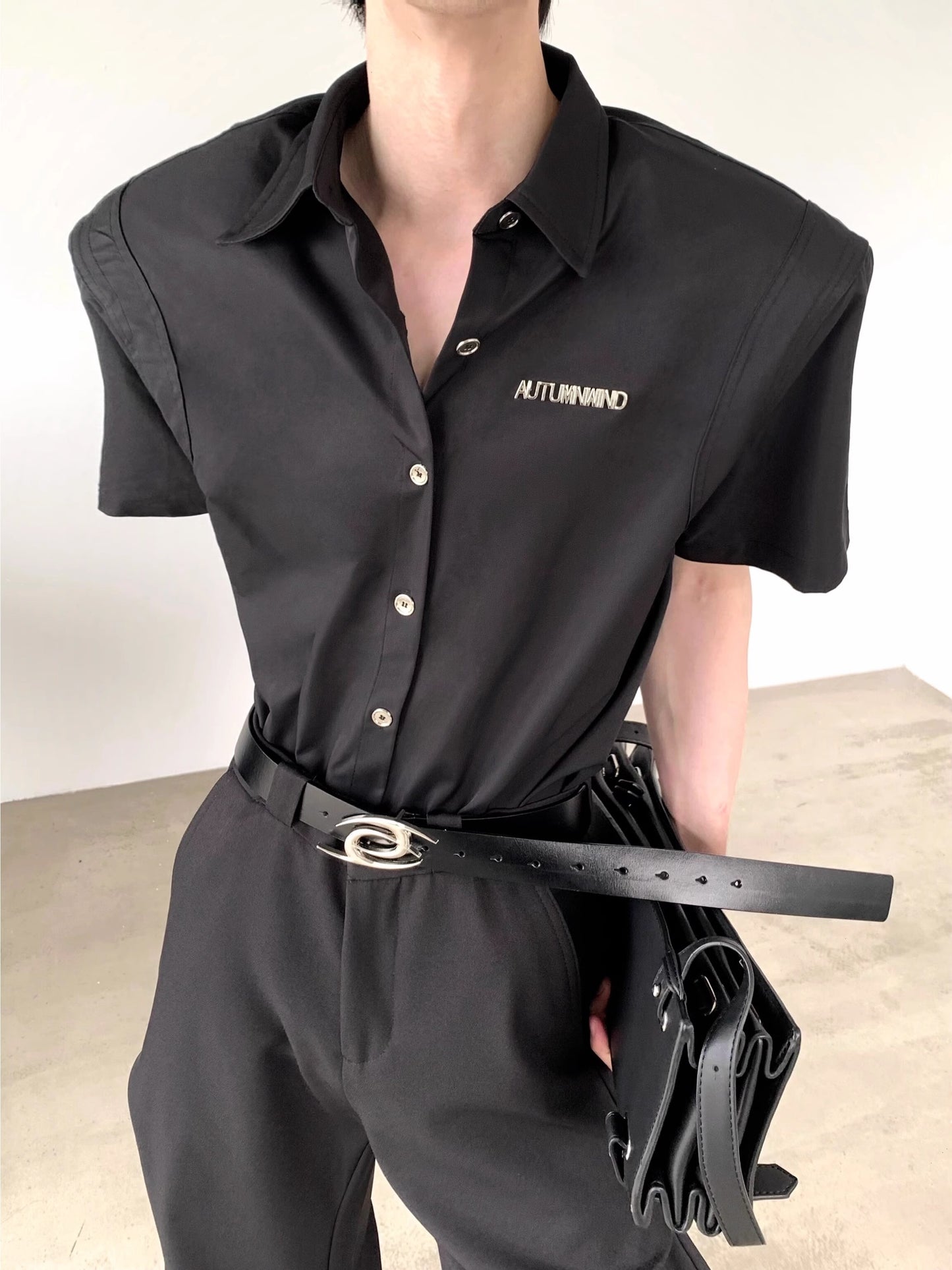 Metal Design Shoulder Pad Short Sleeve Shirt WN7069