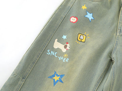 Cartoon Embroidery Wide Leg Denim Jeans WN26969