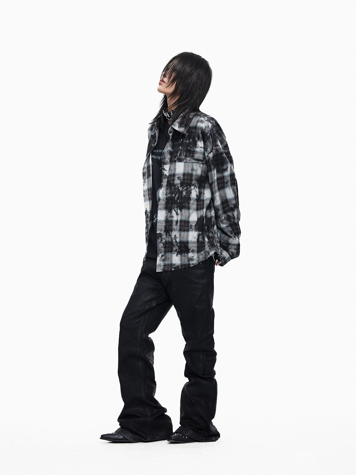 Plaid Washed Raw Hem Oversize Long Sleeve Shirt WN27344