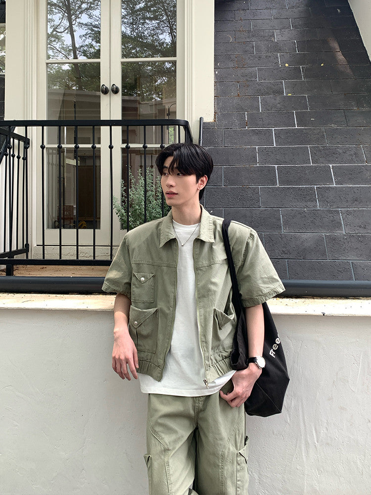 Utility Pocket Short Sleeve Jacket & Cargo Wide Leg Pants Setup WN24991
