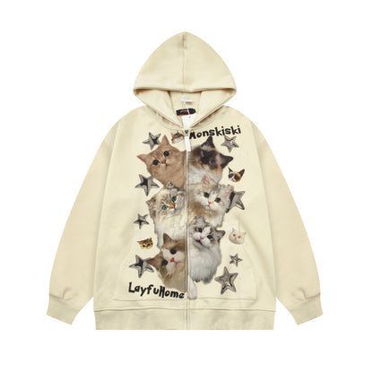 Cat Print Oversize Zipper Hoodie WN11389