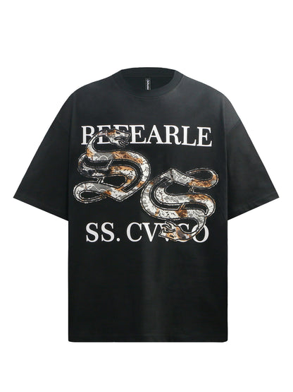 Snake Graphic Lace Embroidery Oversize Short Sleeve T-Shirt WN26341