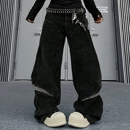 Corduroy Deconstructed Patchwork Curved Wide Leg Denim Jeans WN24216