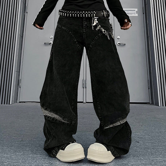 Corduroy Deconstructed Patchwork Curved Wide Leg Denim Jeans WN24216