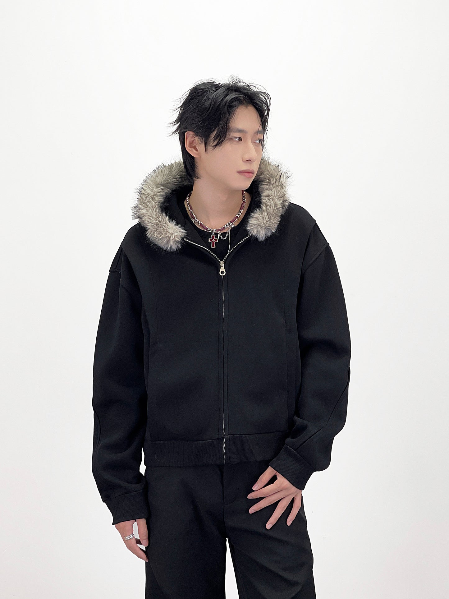 Fake Fur Collar Deconstructed Short Length Oversize Hoodie WN24236
