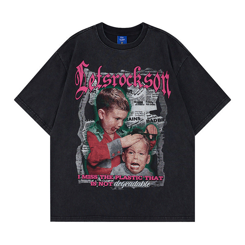 Washed Portrait Letter Print Short Sleeve T-Shirt WN25764