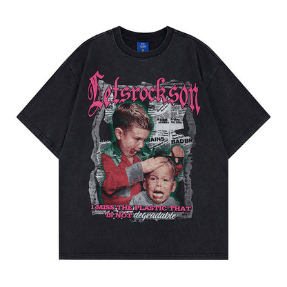 Washed Portrait Letter Print Short Sleeve T-Shirt WN25764