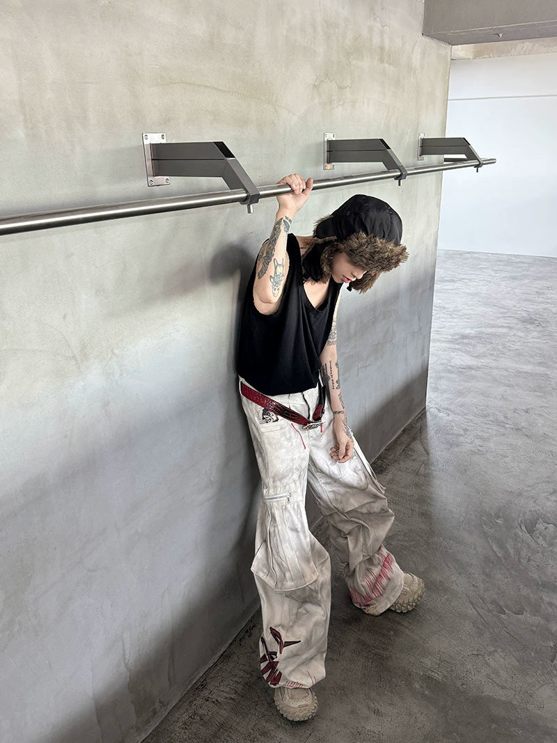 Damage Dye Print Wide Leg Cargo Denim Jeans WN21164