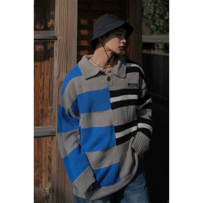 Patchwork Stripe Polo Knit Sweater WN10015