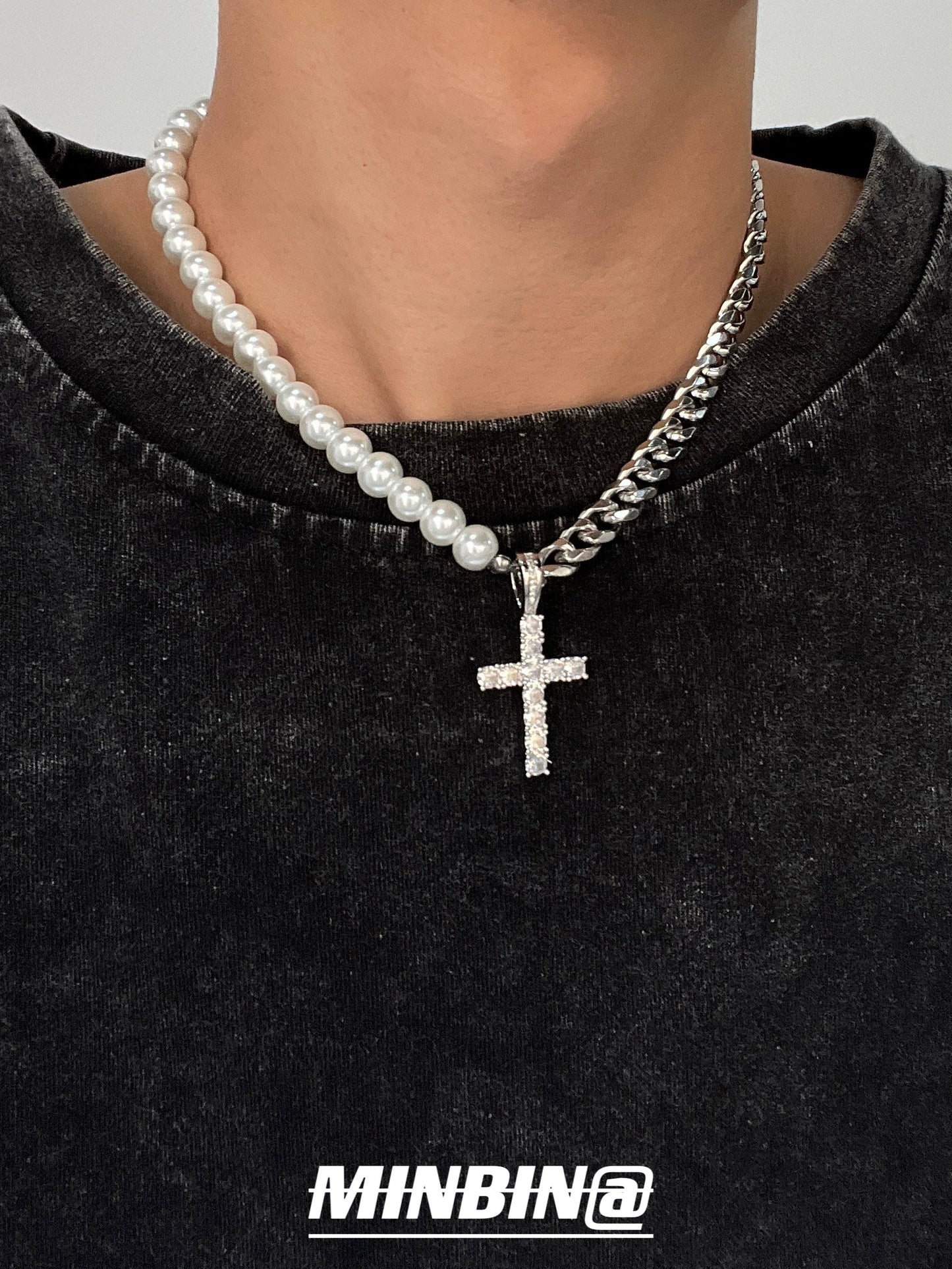 Pearl Cuban Chain Titanium Steel Necklace & Bracelet & Pendant WN19223