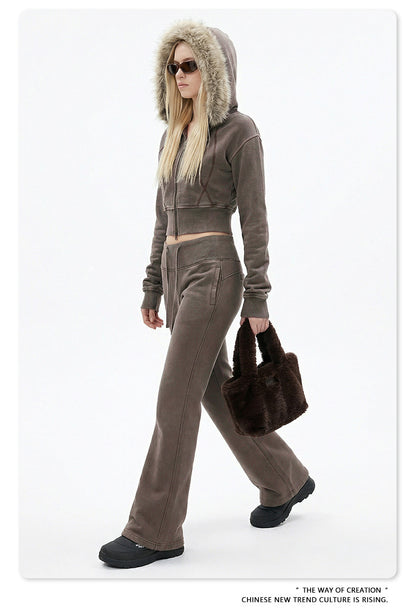 Fake Fur Lining Zip-Up Cropped Zipper Hoodie WN23115