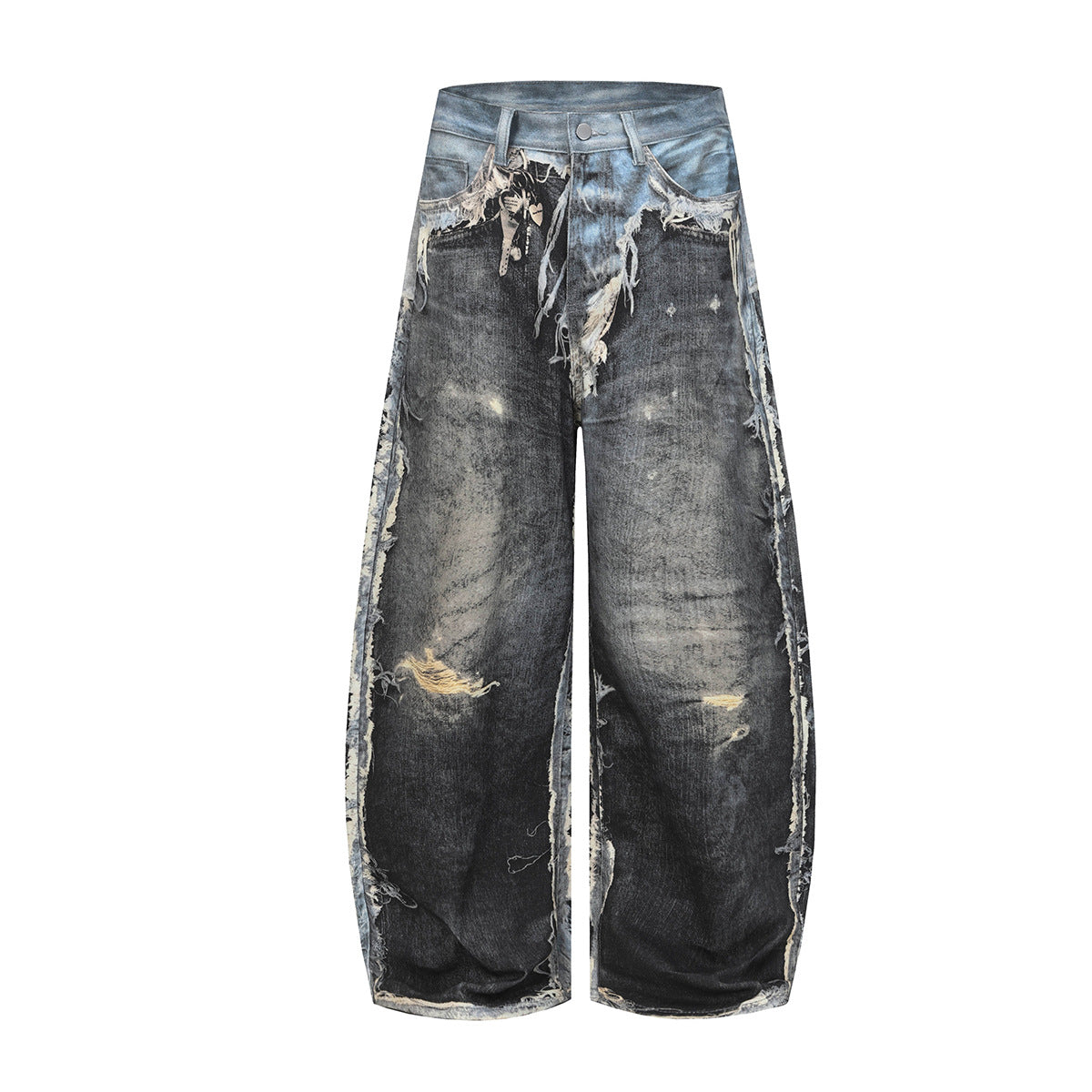 Distressed Frayed Mix Patchwork Wide Leg Denim Jeans WN23604