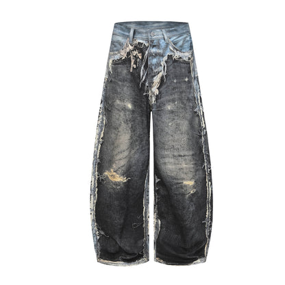 Distressed Frayed Mix Patchwork Wide Leg Denim Jeans WN23604