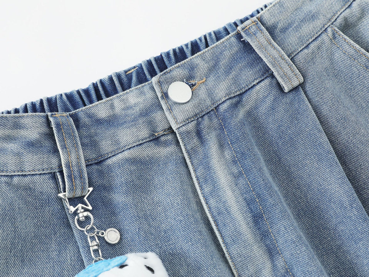 Pleated Dog Embroidery Detachable Dog Charm Wide Leg Denim Jeans WN26803