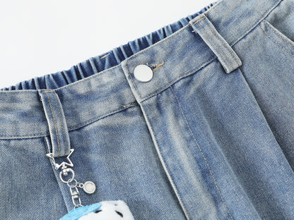 Pleated Dog Embroidery Detachable Dog Charm Wide Leg Denim Jeans WN26803