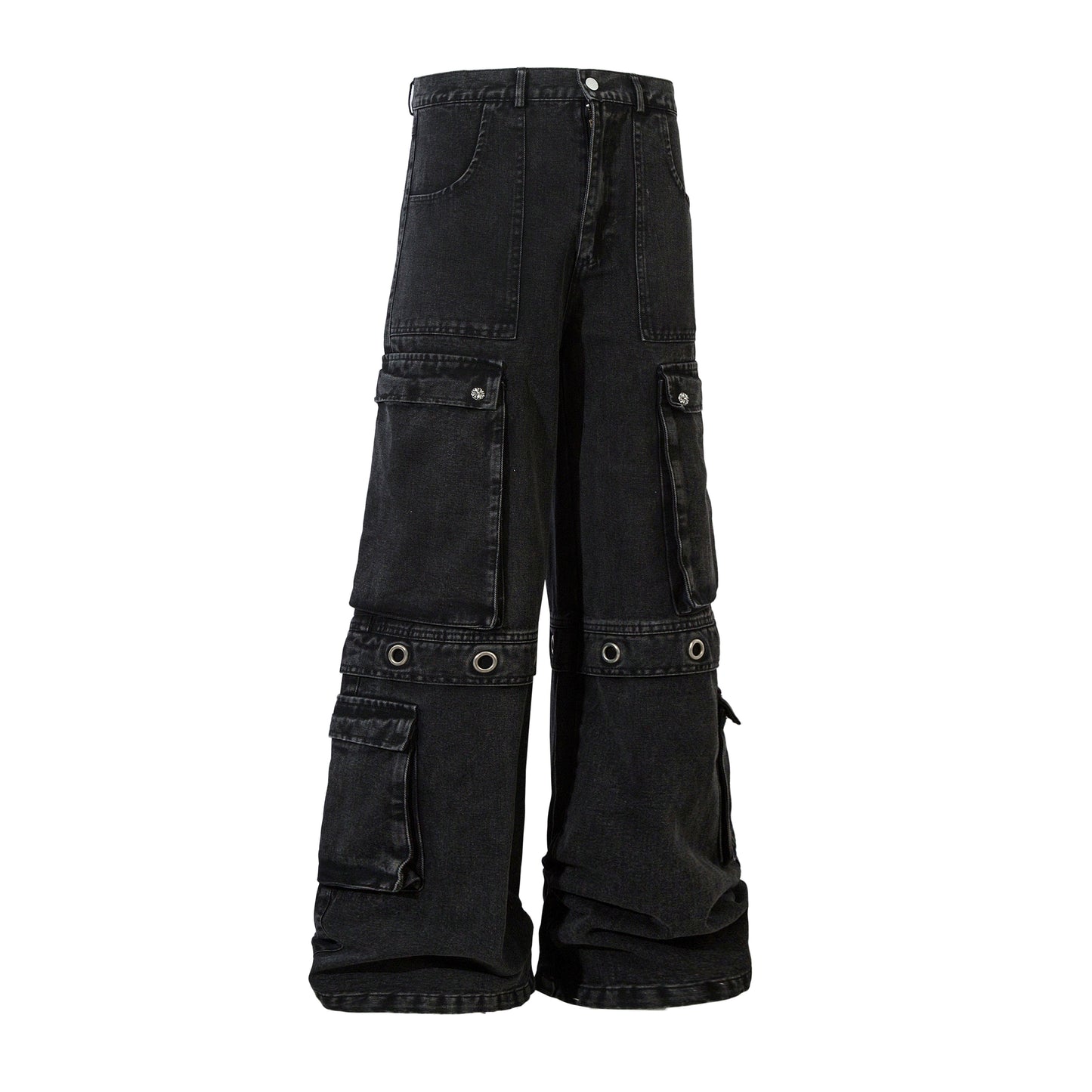 Multi Pocket Eyelet Wide Leg Cargo Denim Jeans WN24168