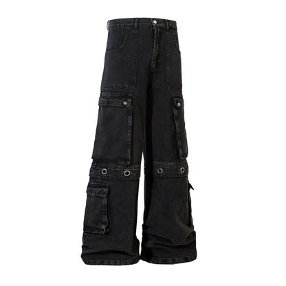 Multi Pocket Eyelet Wide Leg Cargo Denim Jeans WN24168