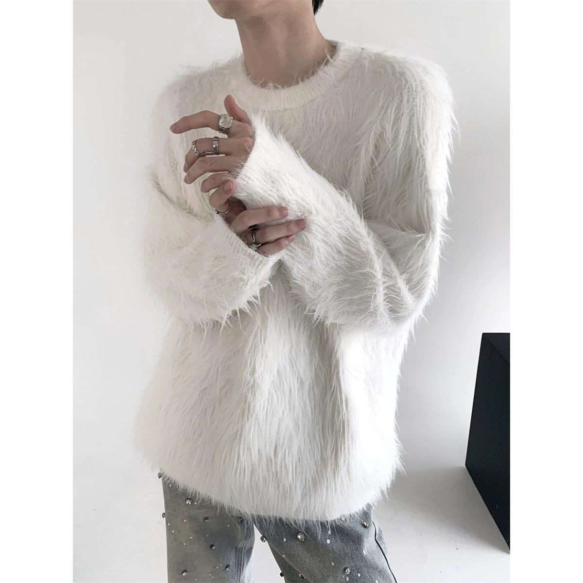 Round Neck Fake Mink Fur Knit Sweater WN9130