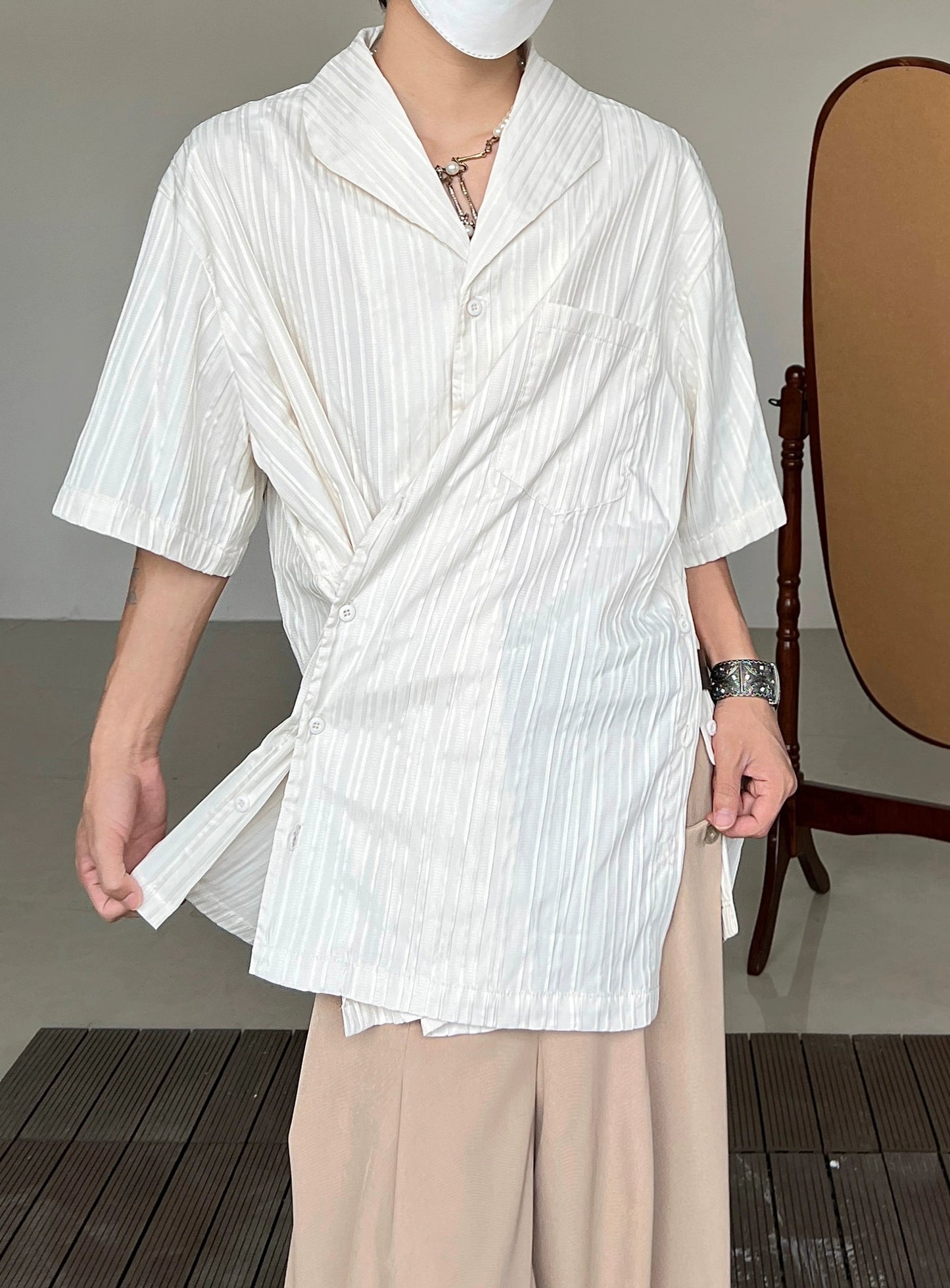 Stripe Irregular Cuban Collar Short Sleeve Shirt WN19999