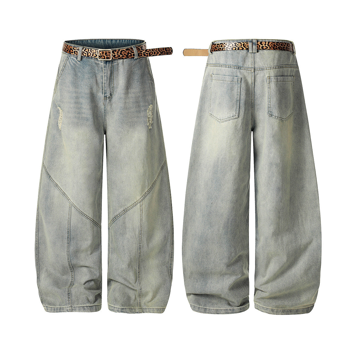 Washed Damage Panel Curved Denim Jeans WN25530