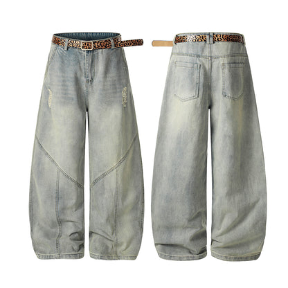 Washed Damage Panel Curved Denim Jeans WN25530