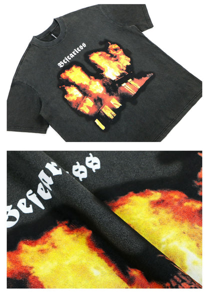 Washed Heavyweight Flame Print Oversize Short Sleeve T-Shirt WN26363