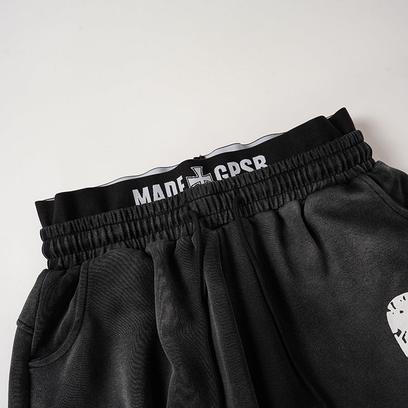 Washed Double Waist Print Wide Leg Sweatpants WN27834