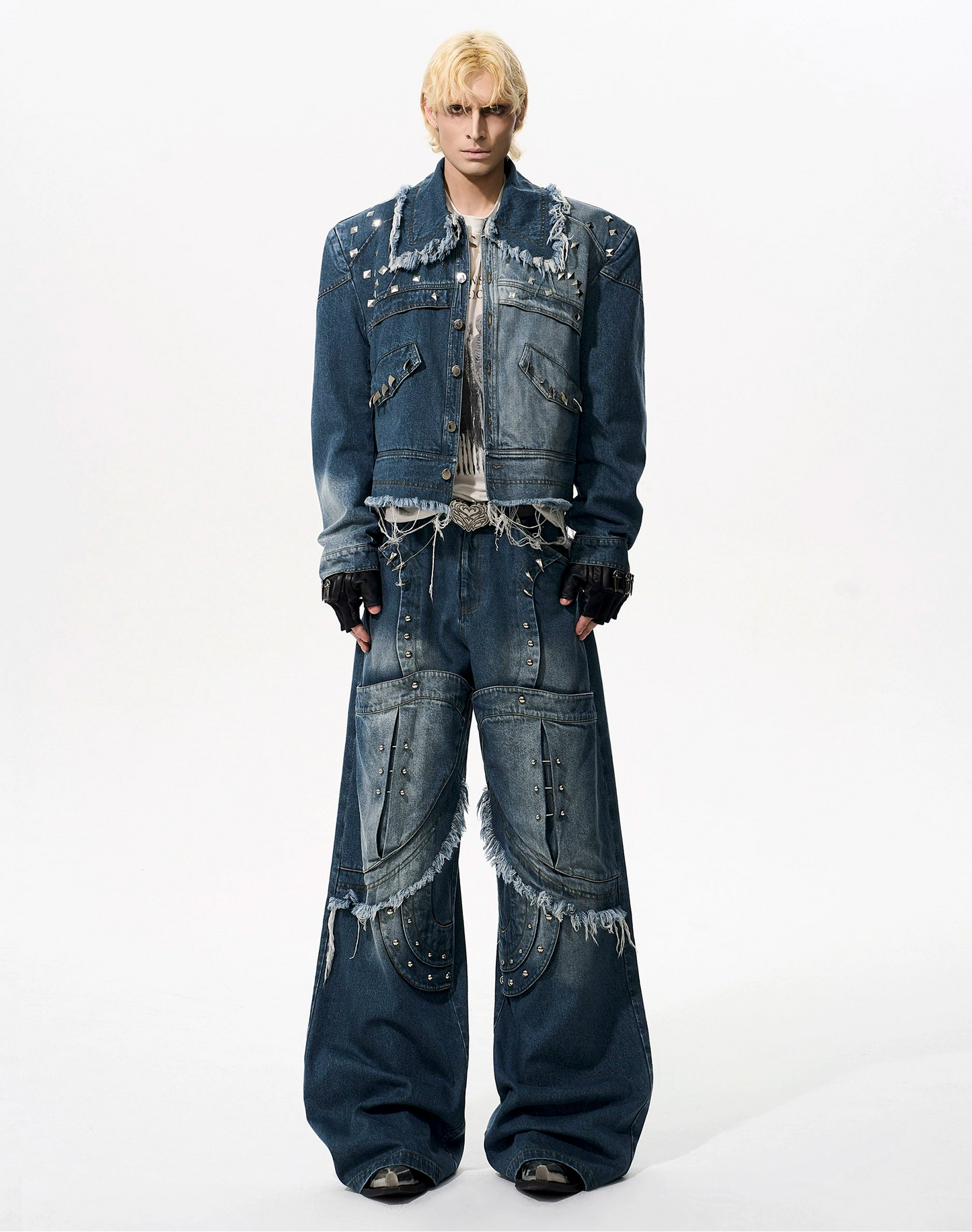 Deconstruction Rivet Design Washed Damege Denim Jacket & Denim Jeans Setup WN21969