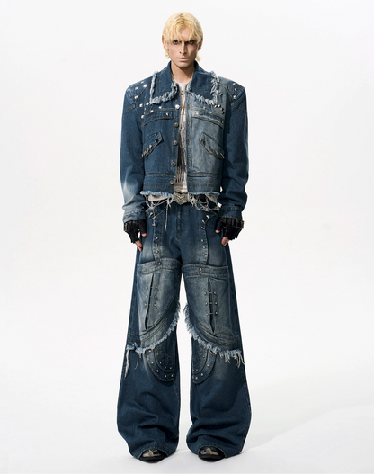 Deconstruction Rivet Design Washed Damege Denim Jacket & Denim Jeans Setup WN21969