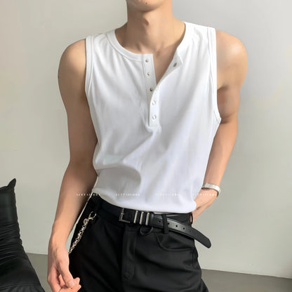 Button Detail Henley Neck Sleeveless T-Shirt WN20083