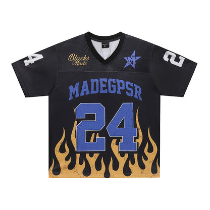 Racing Flame Print V-Neck Short Sleeve T-Shirt WN25605