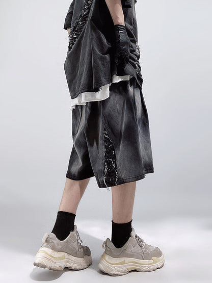 Damage Wide Leg Denim Half Jeans WN24008