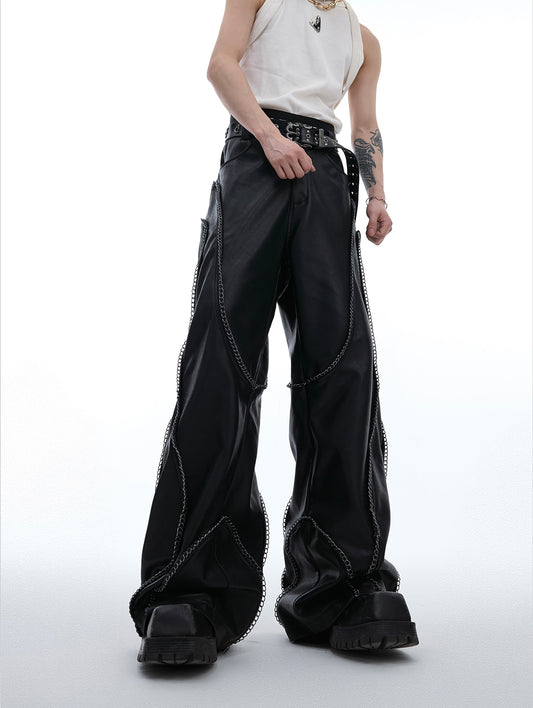 Metal Chain Design Micro Flare PU Leather Pants WN7487