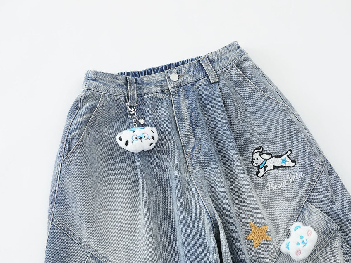 Pleated Dog Embroidery Detachable Dog Charm Wide Leg Denim Jeans WN26803