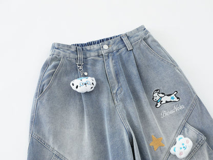 Pleated Dog Embroidery Detachable Dog Charm Wide Leg Denim Jeans WN26803