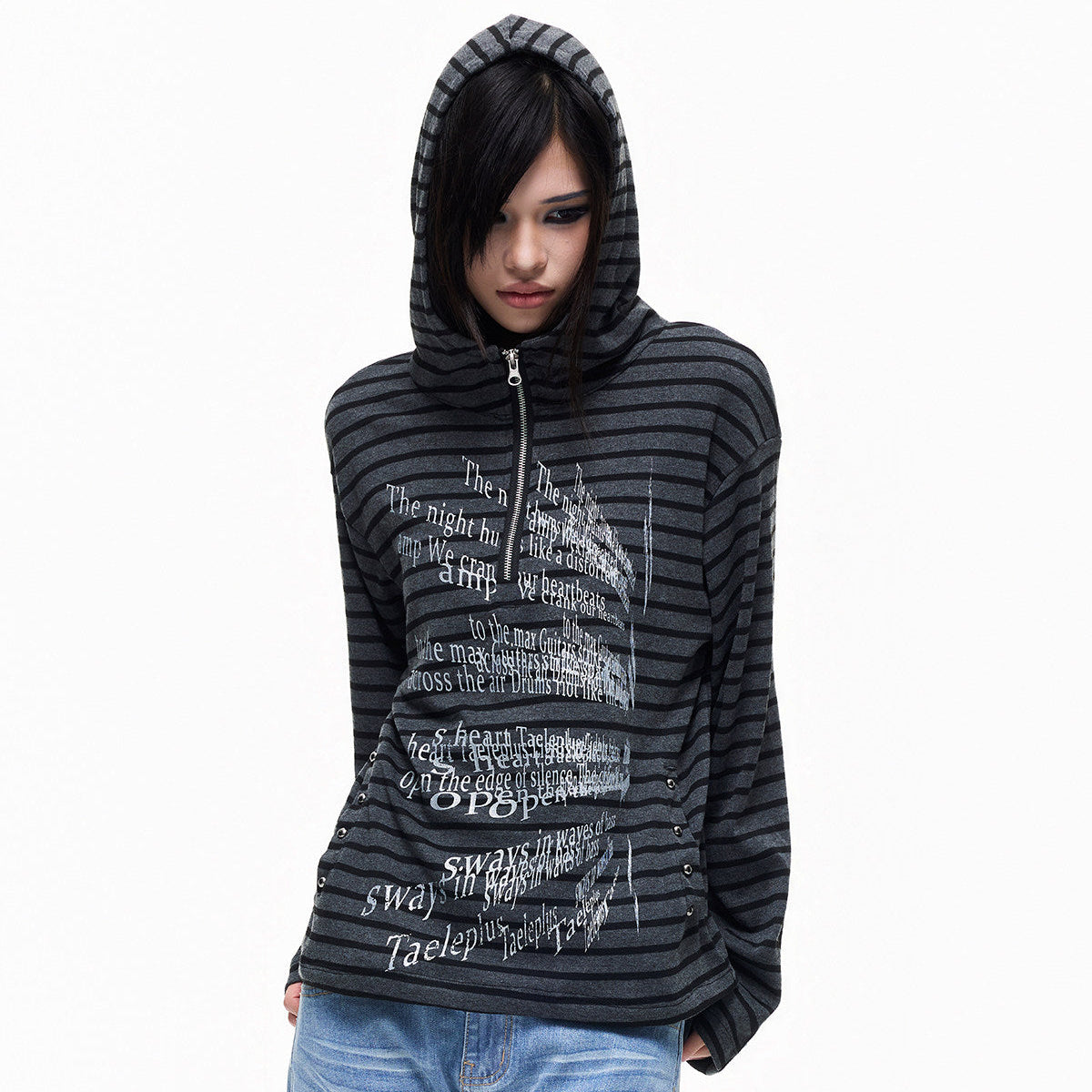 Stripe Slogan Foil Print Stud Zipper Hoodie WN27293