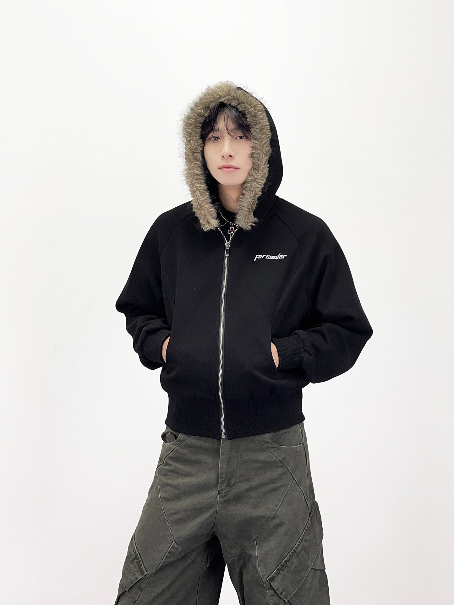 Fake Fur Collar Short Length Oversize Zipper Hoodie WN24246
