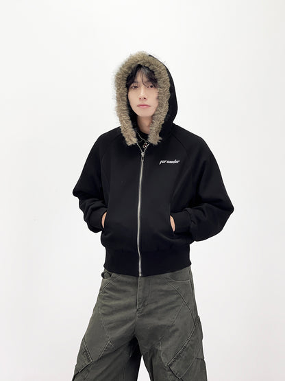 Fake Fur Collar Short Length Oversize Zipper Hoodie WN24246