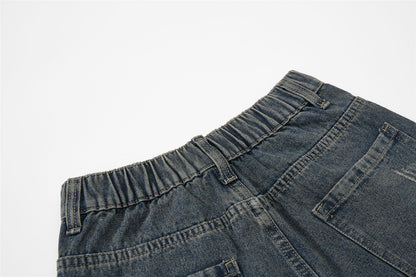 Washed Damage Multi-Pocket Curved Leg Denim Jeans WN26807