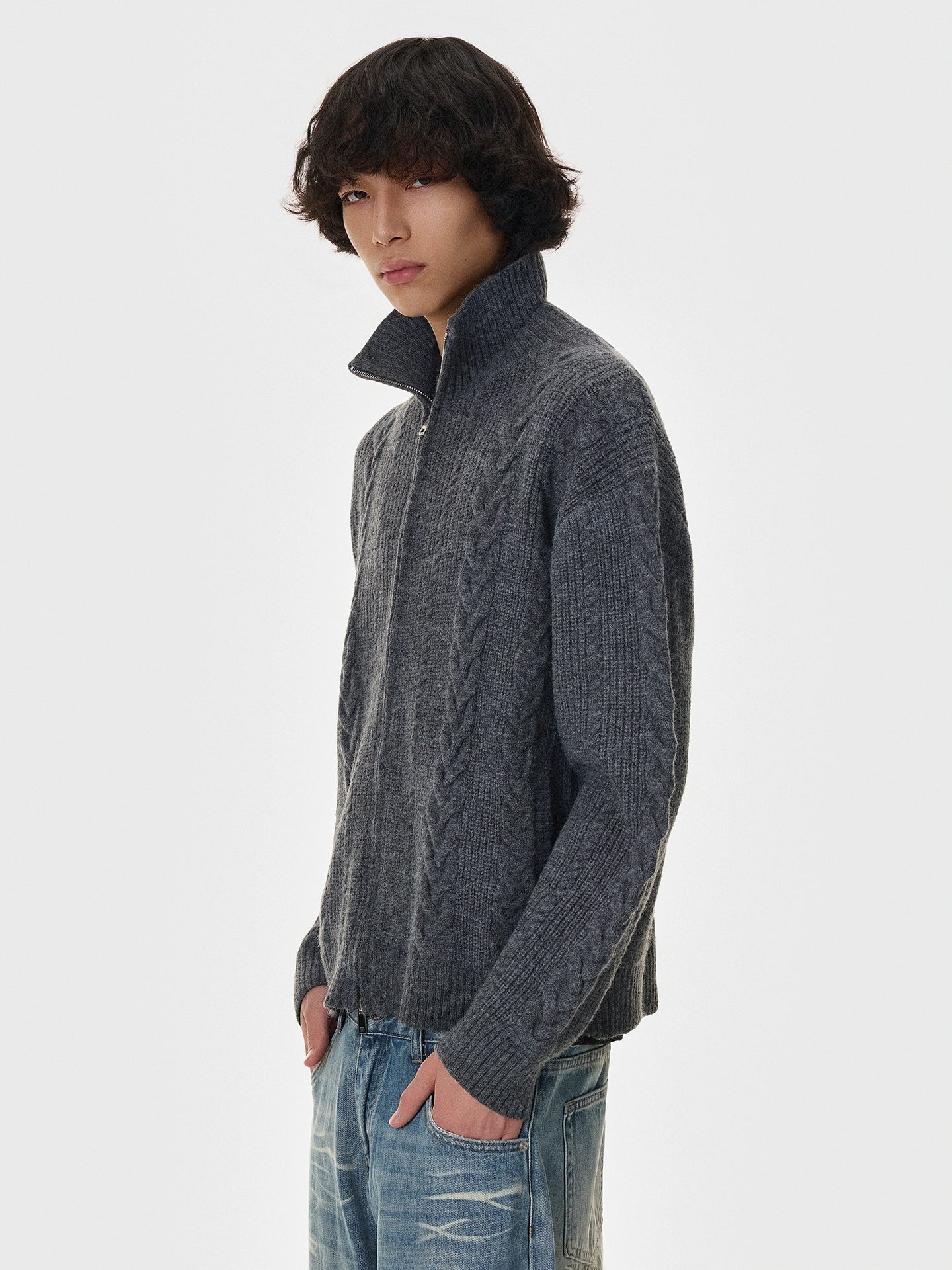 Herringbone Polo-Collar Thick Knit Cardigan WN21403