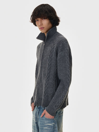 Herringbone Polo-Collar Thick Knit Cardigan WN21403