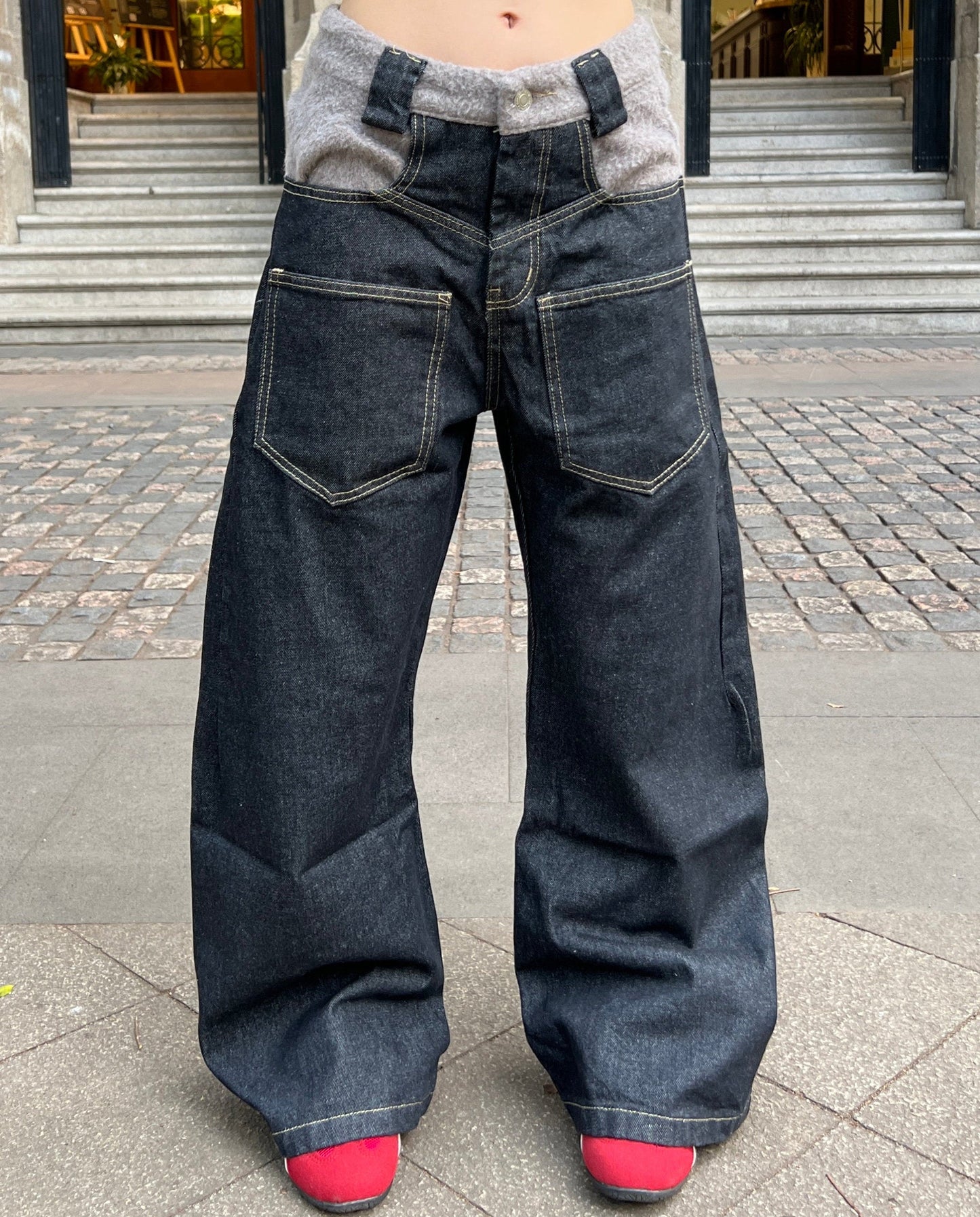 Reverse Patchwork Curved Silhouette Straight Denim Jeans WN24101