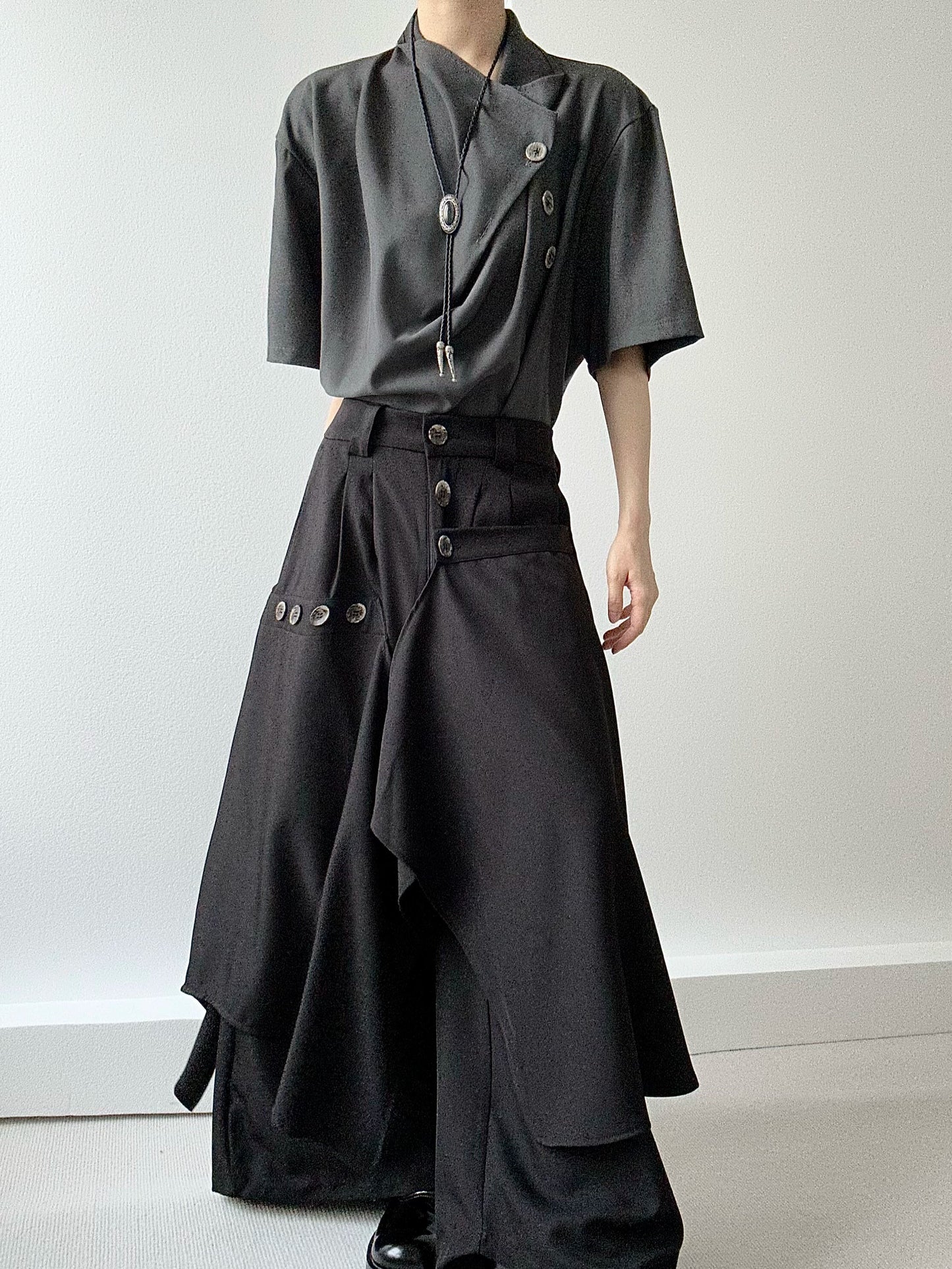 Button Design Drape Wide Leg Trousers WN19629