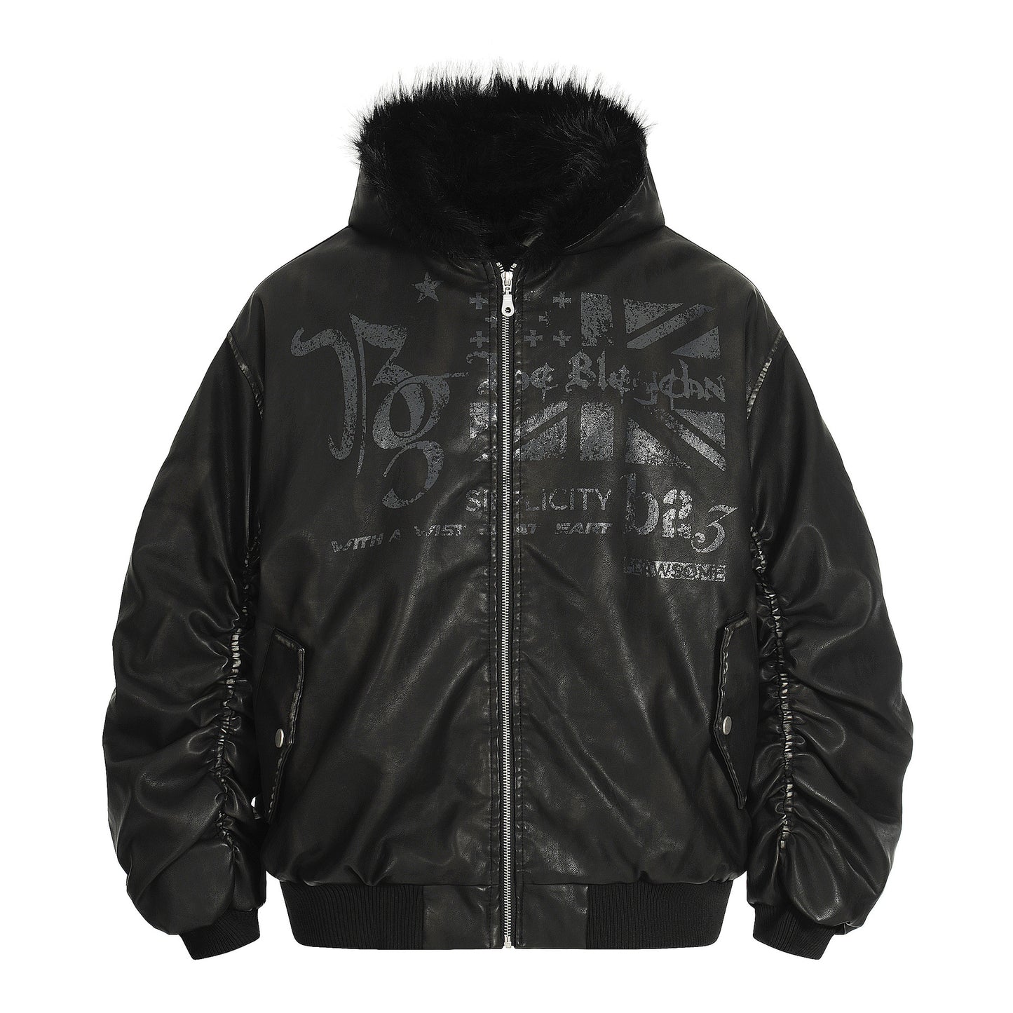 Graphic Print Fake Fur Collar PU Leather Zipper Jacket WN21888