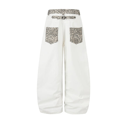 Leopard Print Curved Wide Leg Denim Jeans WN25702