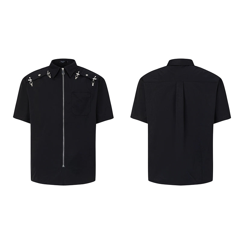 Metal Deconstruction Shoulder-Pad Zipper Short Sleeve Shirt WN20334