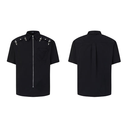 Metal Deconstruction Shoulder-Pad Zipper Short Sleeve Shirt WN20334